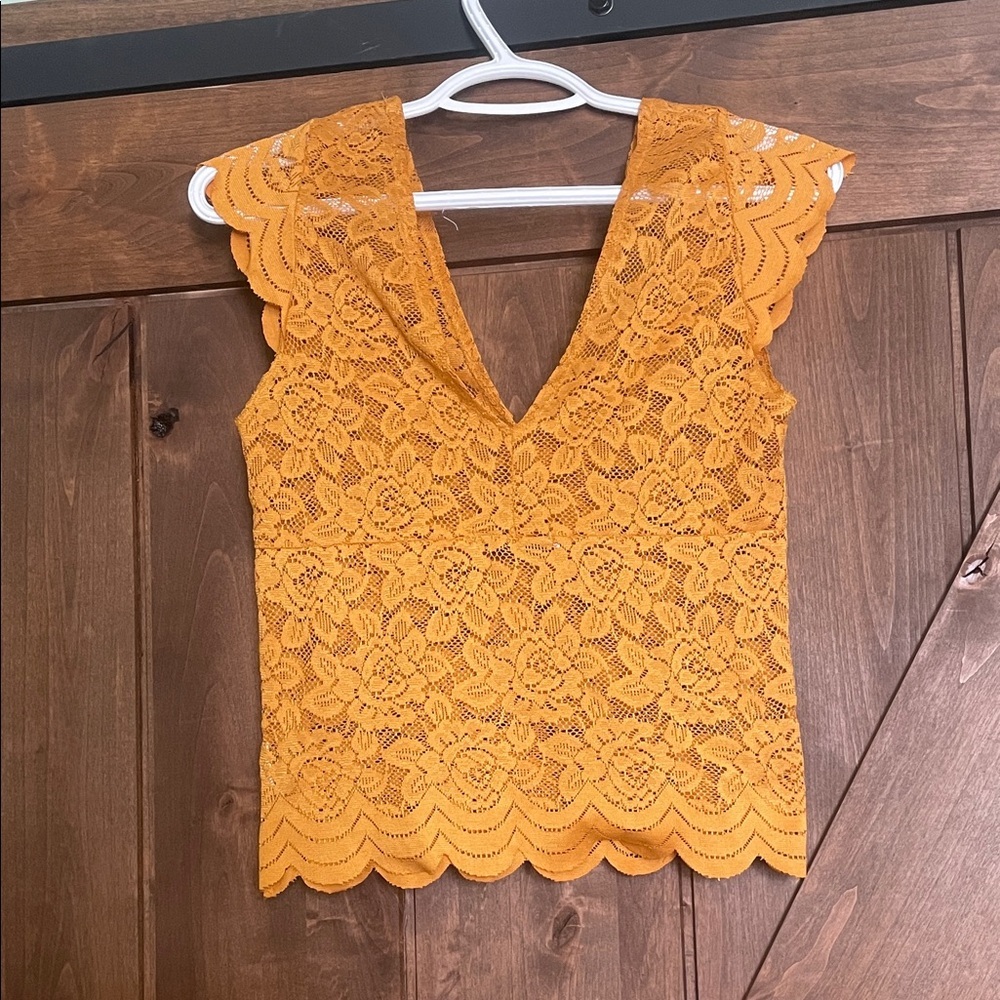Pull&Bear Lace V-Neck Blouse - Mustard